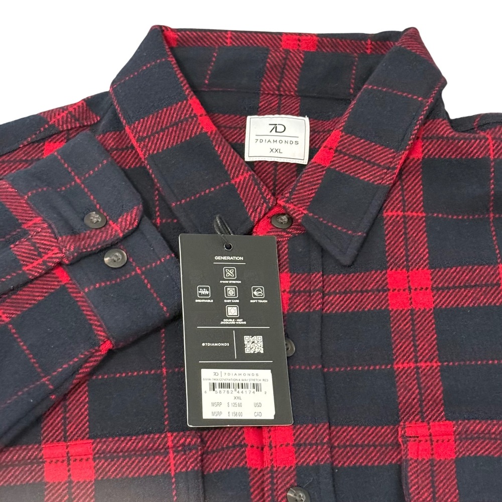 7Diamonds Generation 4-Way Stretch Plaid Flannel Shirt XXL‎ Red Navy GSWW-7404